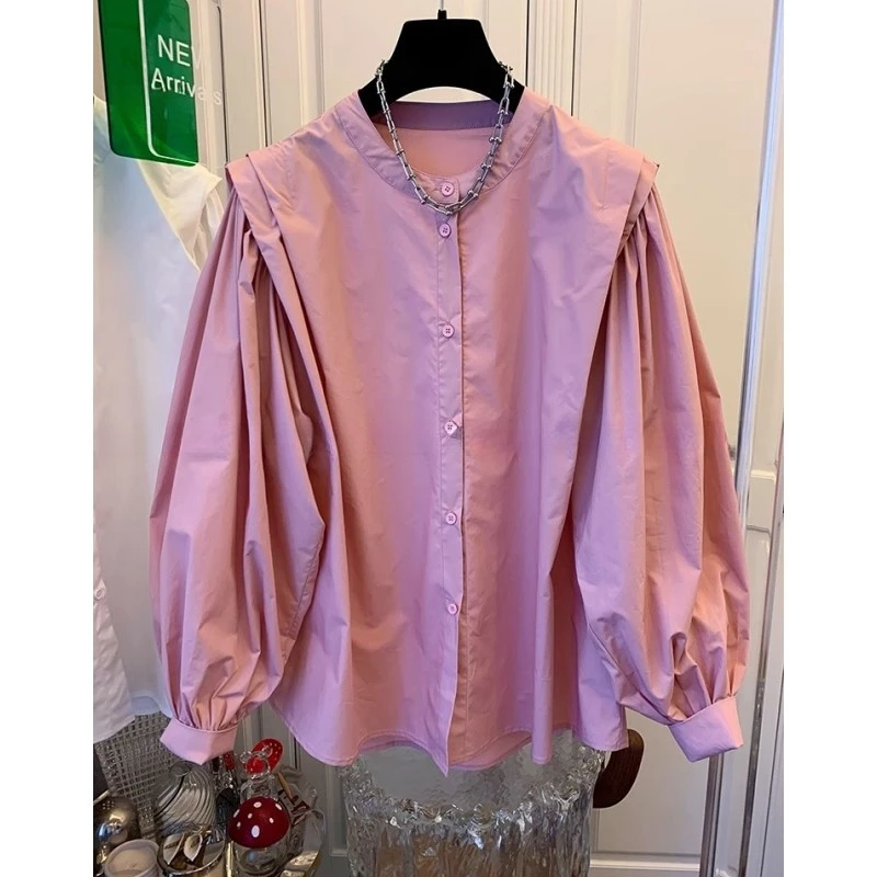 法式折肩拼接灯笼袖棉布衬衫上衣女长袖宽松休闲纯色2025春季新款