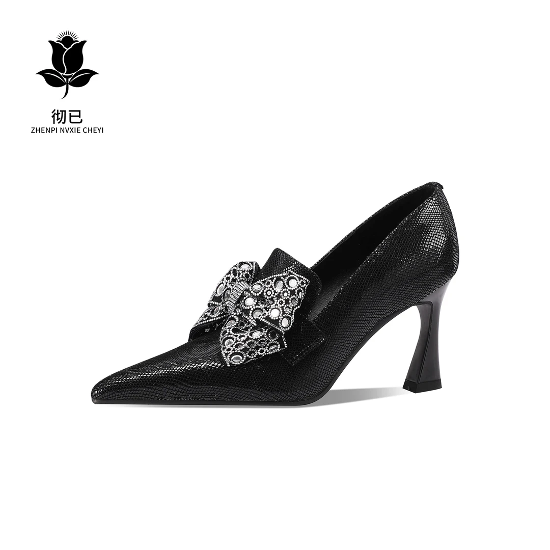 超软小羊皮单鞋女2025年春秋季新款真皮尖头粗跟蝴蝶结黑色高跟鞋