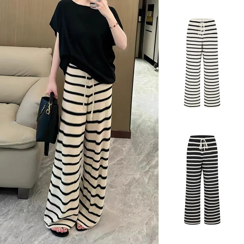 Moses Queen/魔西女王慵懒条纹针织裤子休闲裤宽松百搭拖地阔腿裤