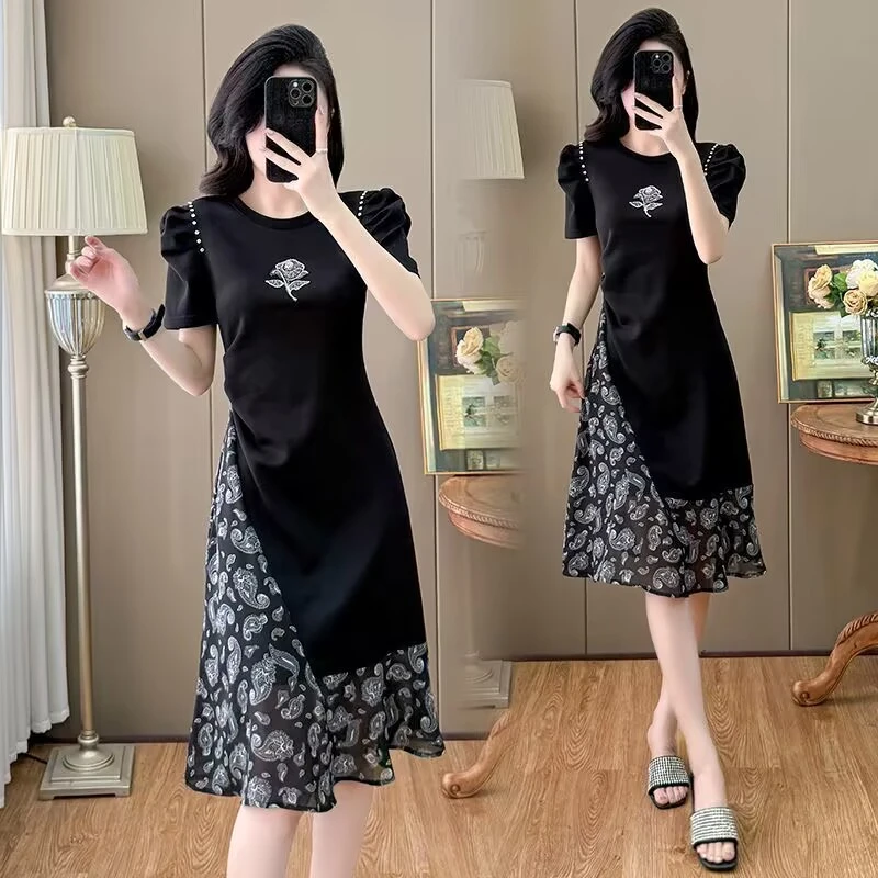 200斤微胖mm连衣裙女士夏季大码显瘦遮肉洋气质减龄中长款a字裙子