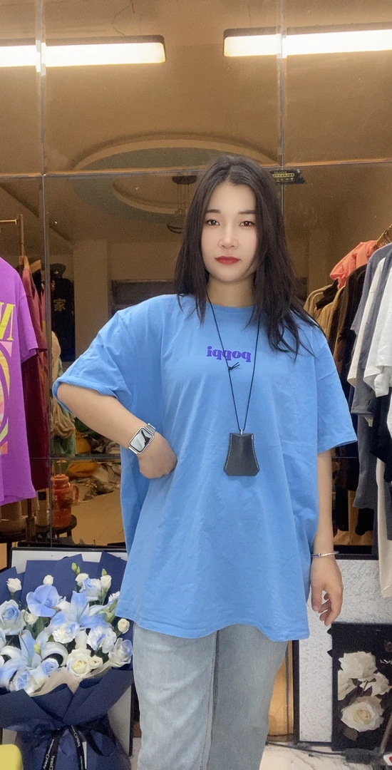 外贸大码纯棉T恤天蓝色星球字母图案