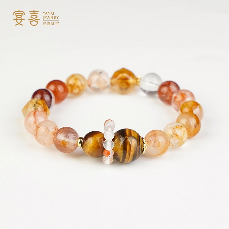 【金运大综合】黄塔晶红胶花水晶黄虎眼手链男女款手串