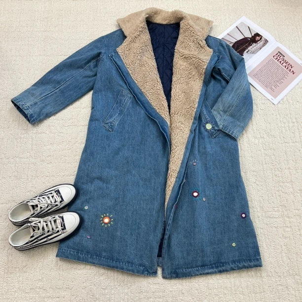 BUZH冬季新款小众设计感羊羔毛拼接加厚夹棉牛仔外套长款大衣外套