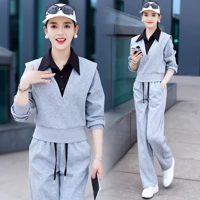 高含棉休闲套装女2025年春秋新款时髦韩版假两件卫衣阔腿裤两件套