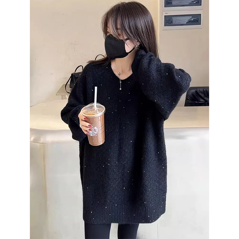 黑色亮片中长款毛衣女秋冬韩系慵懒风宽松洋气亮闪闪遮屁股针织衫