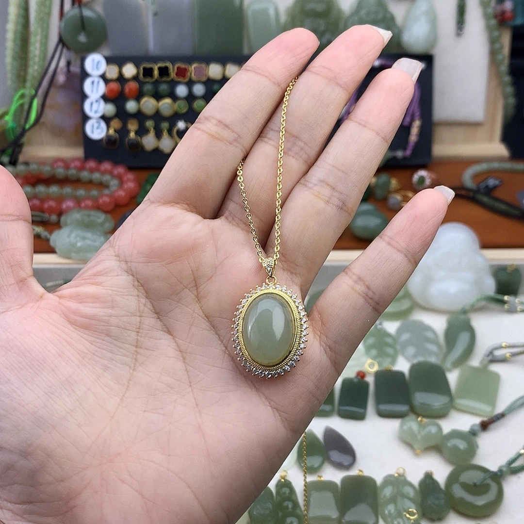 和田玉银S925镶嵌吊坠(不含链)