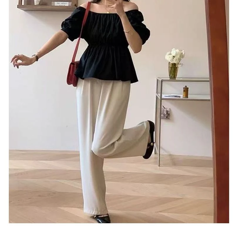 英子推荐超好看独特漂亮一字肩收腰泡泡袖显瘦衬衫女方领短袖9616