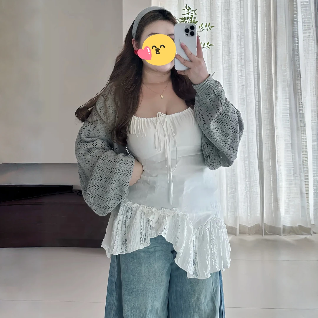 大码胖MM法式不规则蕾丝拼接吊带背心女早秋新款显瘦开衫上衣套装