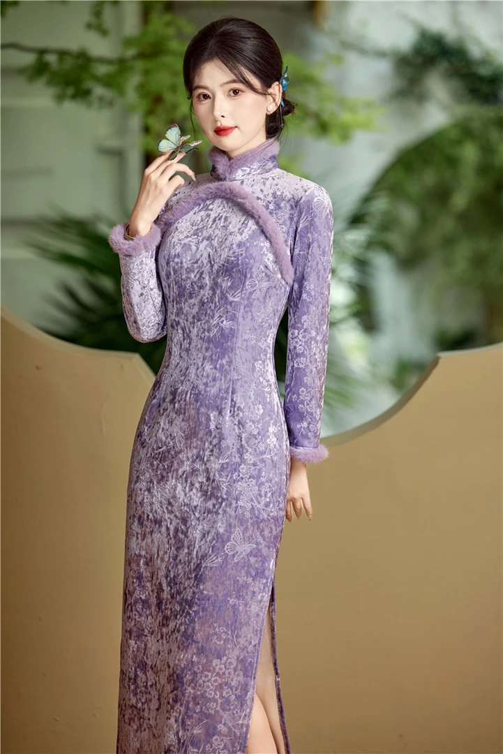 紫色加绒款复古中式长款改良旗袍2025修身气质年轻修身日常连衣裙