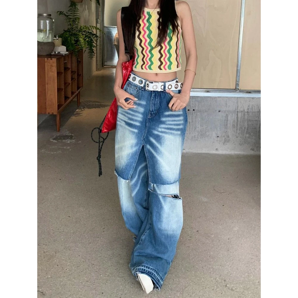 欧美小众设计复古重工洗水破洞牛仔裤女辣妹假两件阔腿拖地裤