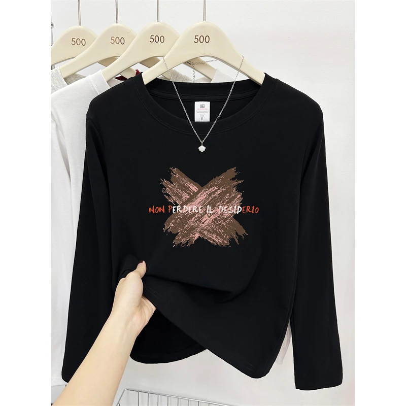 潮牌设计感印花圆领长袖t恤女装秋冬季胖mm大码正肩显瘦内搭上衣