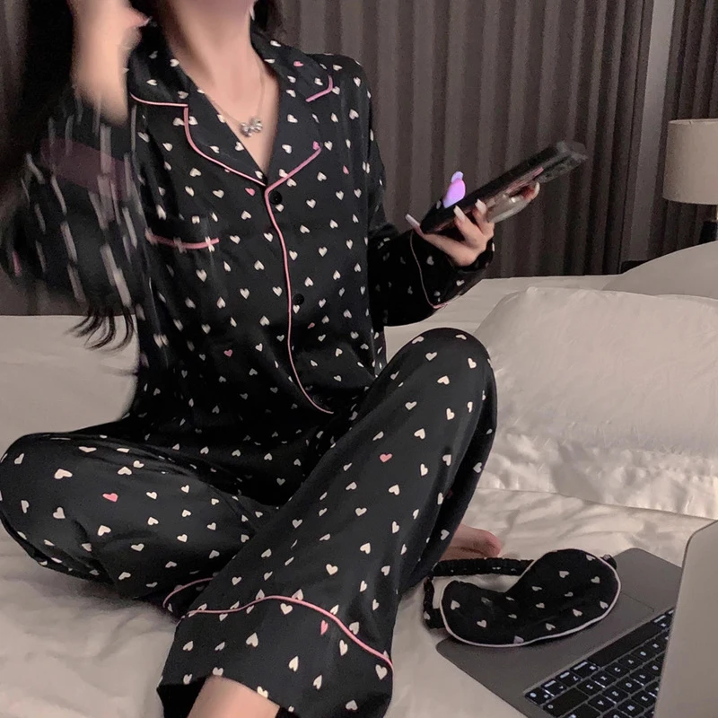 丝绸手感冰丝满印爱心女士春夏家居服薄款宽松大码