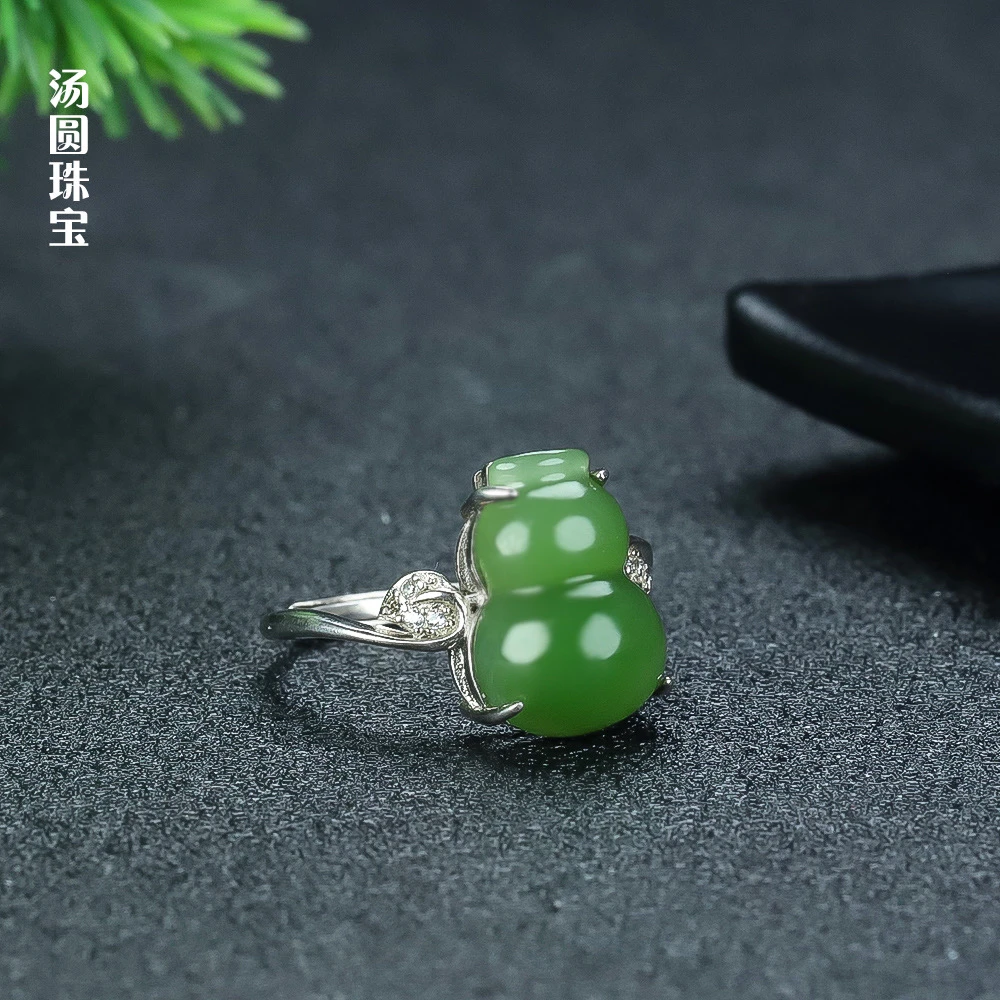 天然和田玉碧玉福禄女戒s925银镶嵌开口戒可调节