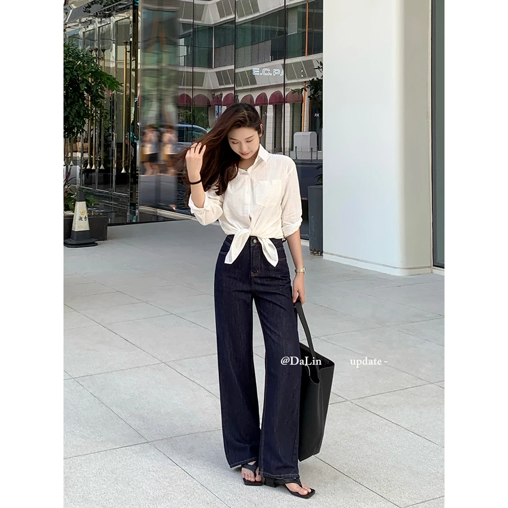 DUOXINIU/多喜牛/DaLin夏季薄款窄版阔腿裤女高腰牛仔裤垂坠显高
