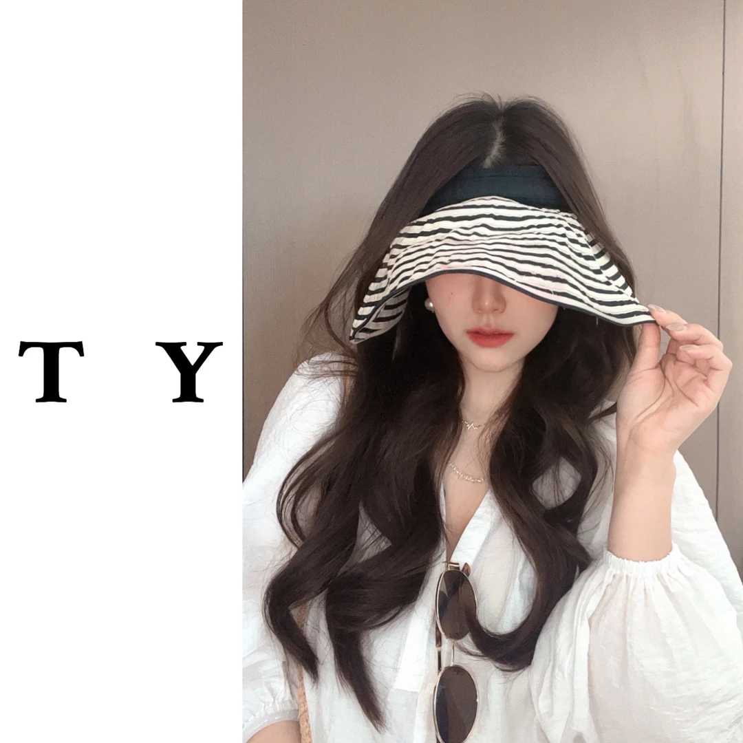 太一2025新款时尚条纹空顶遮阳帽子女夏季大檐防晒帽可折叠发箍款