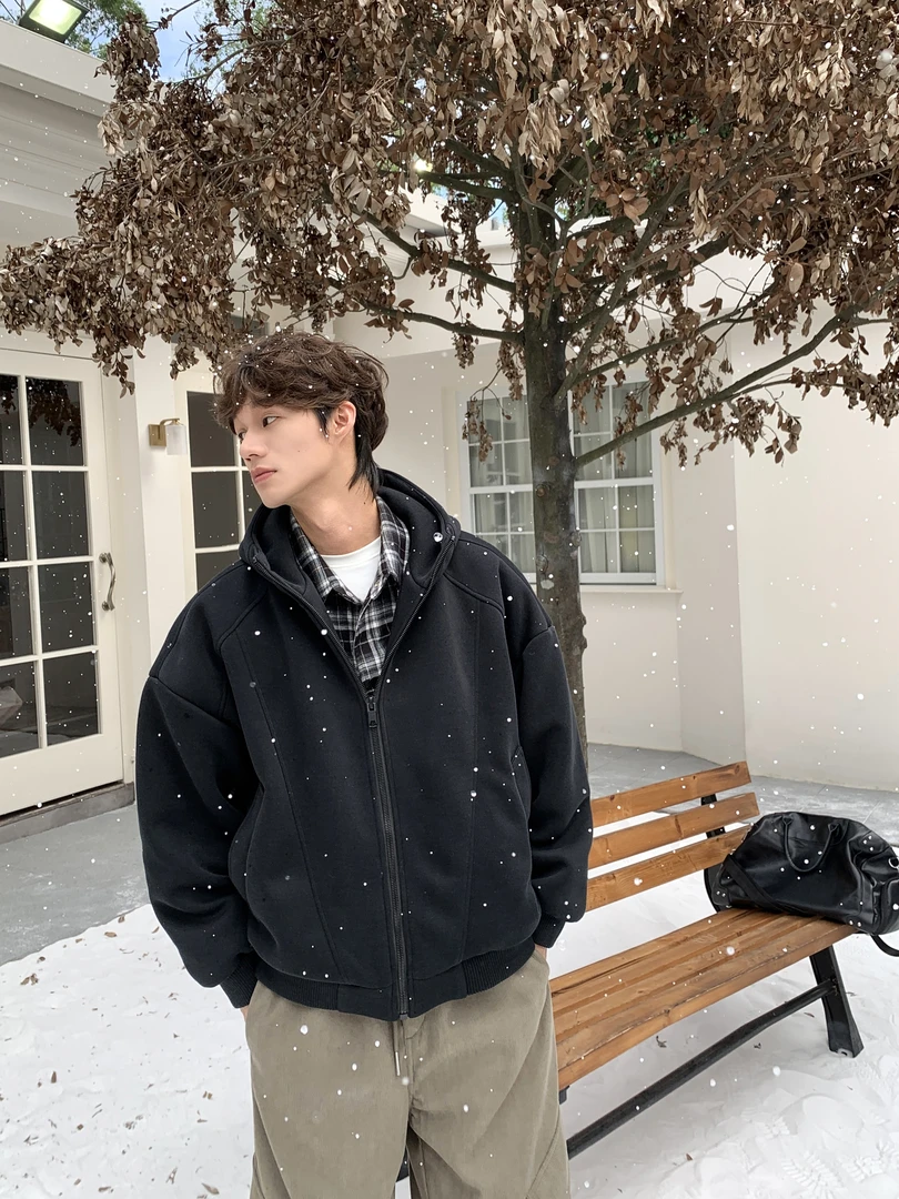 【YIMING】冬季美式国标90白鸭绒针织卫衣连帽百搭假两件羽绒服情侣