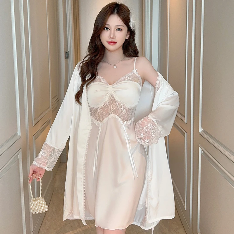 法式蕾丝睡衣女春季纯欲风吊带睡裙带胸垫冰丝薄款外袍两件套女士