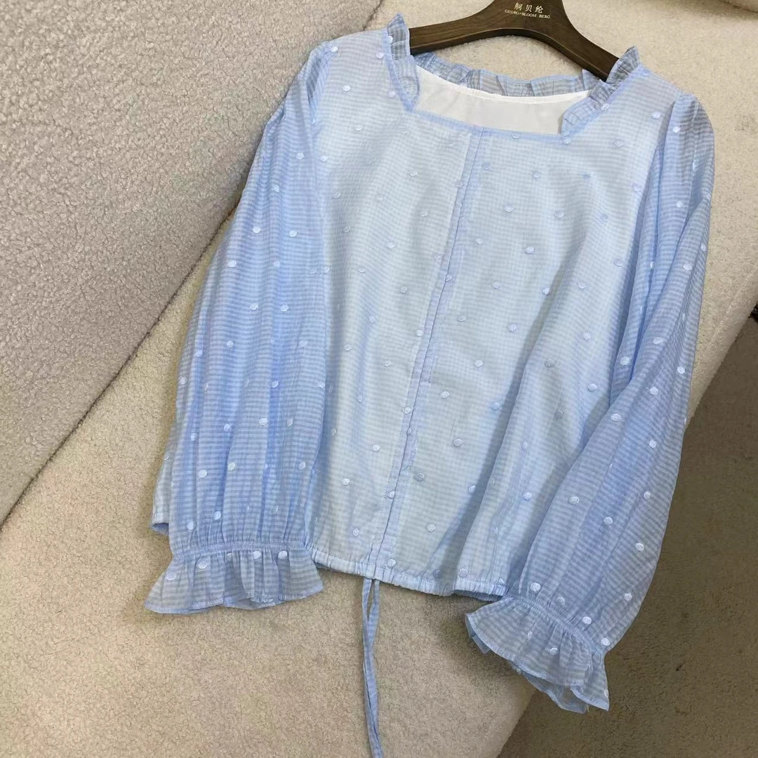 法式通勤木耳边长袖波点提花方领抽绳衬衫上衣 C3646