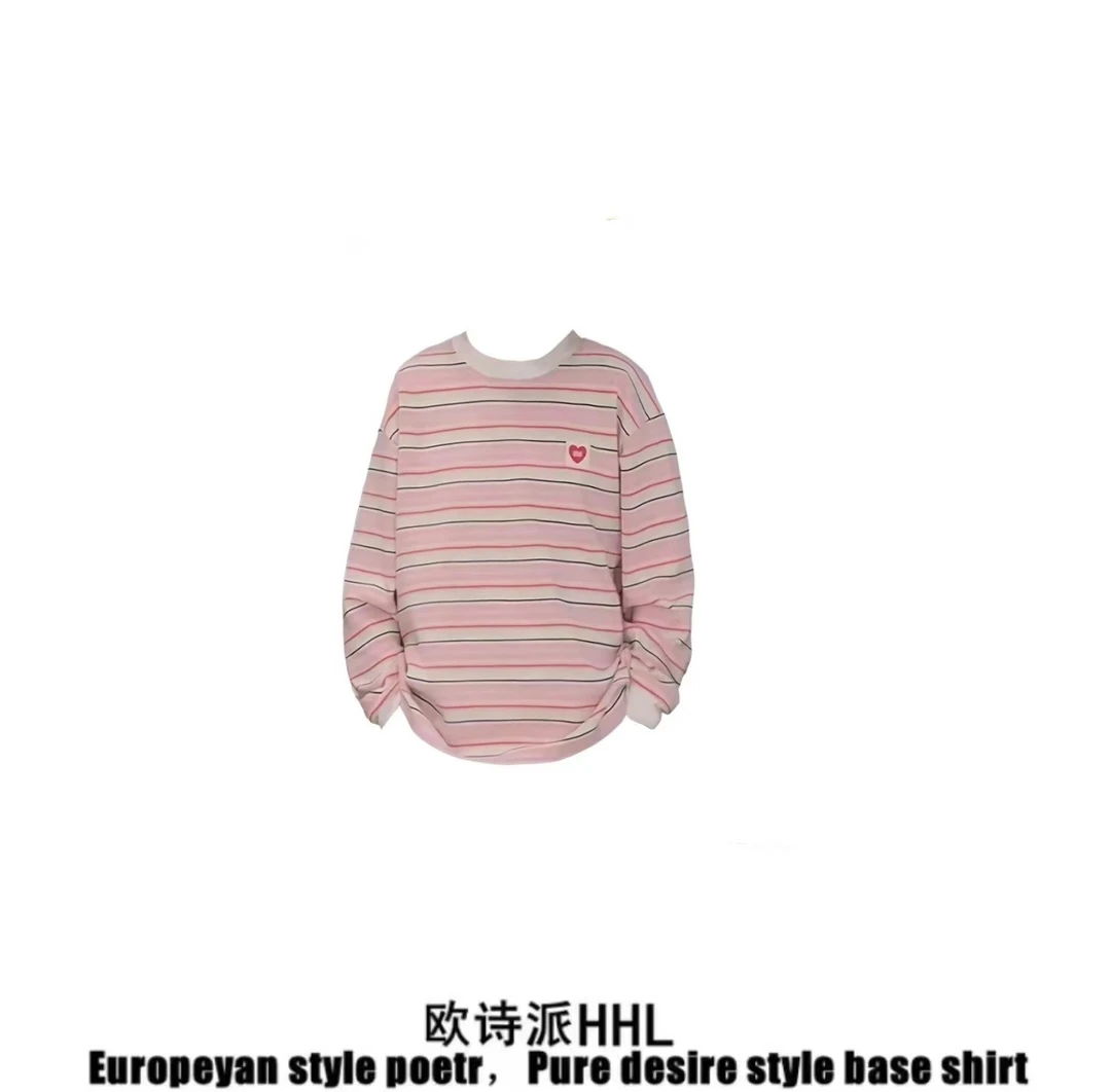 美式复古爱心粉色条纹长袖t恤女早秋2025宽松慵懒风休闲百搭上衣