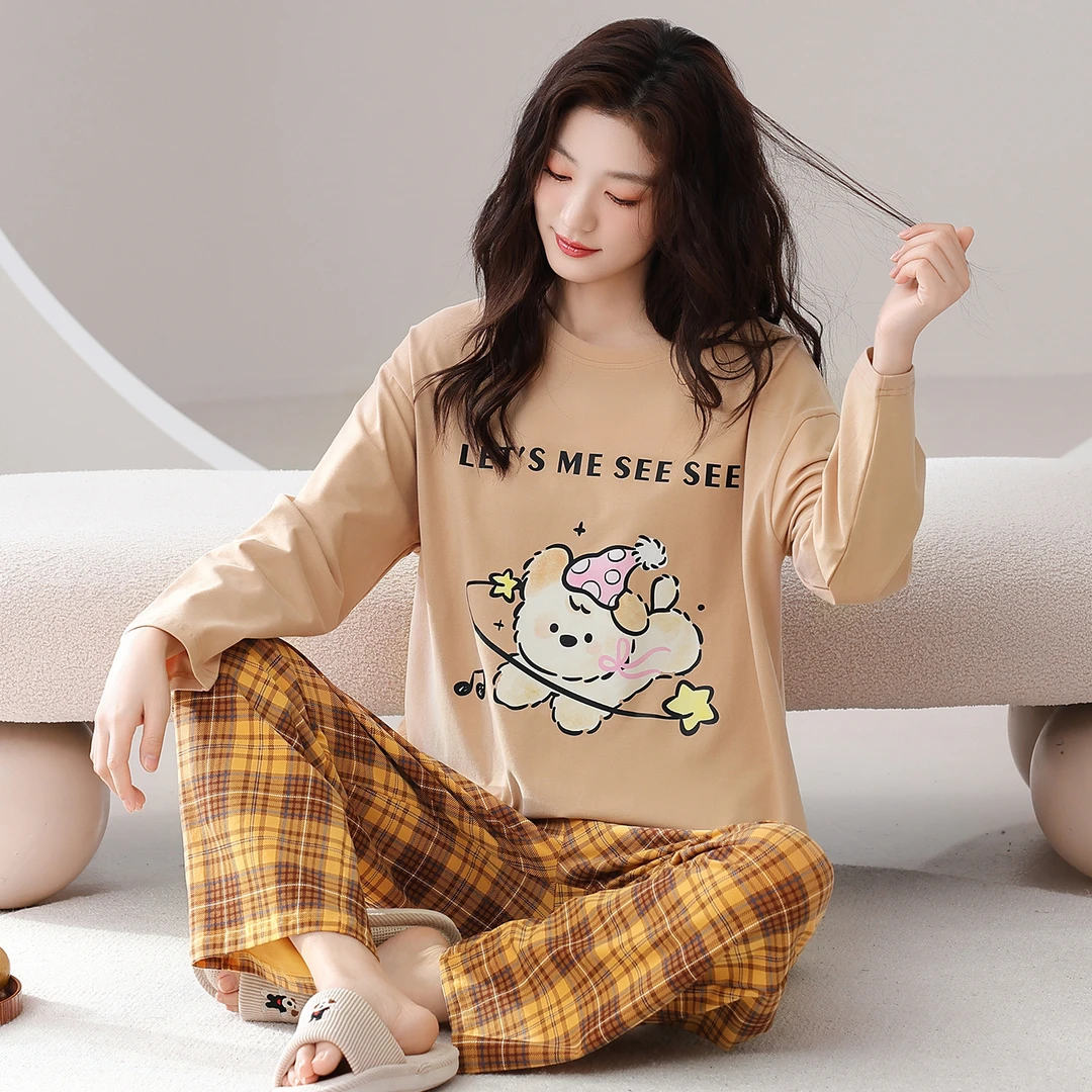 女士春秋季带胸垫长袖长裤卡通睡衣家居服yzt