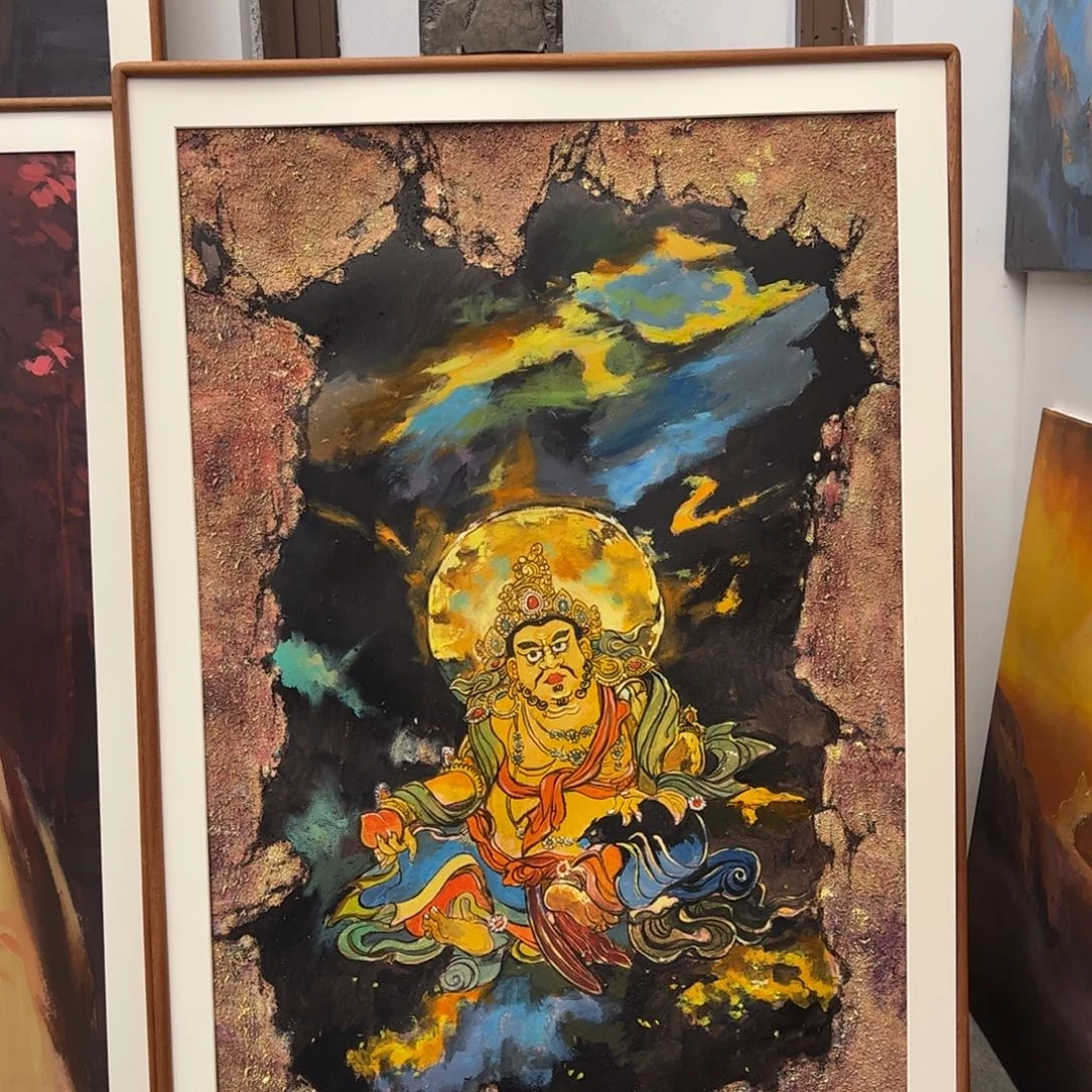 三***丶丙烯画黄财神实木