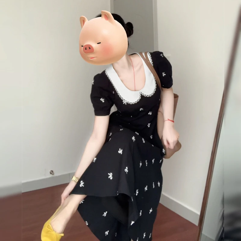 式小个子黑色方领碎花连衣裙子女装夏季新款高级感气质长裙3357