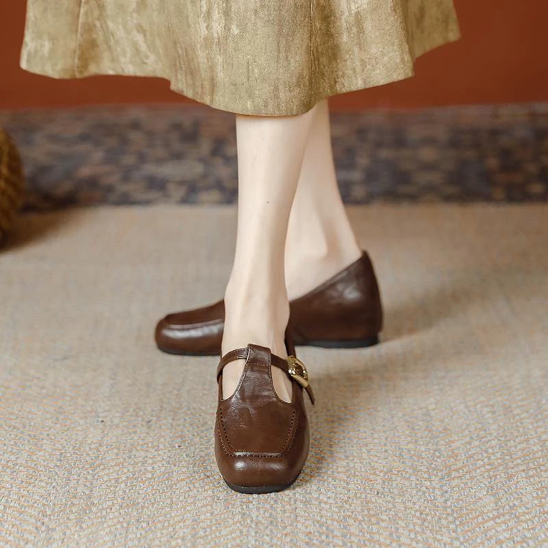 浅口女单鞋小个子内增高复古方头玛丽珍鞋一字扣带通勤女~羊皮版