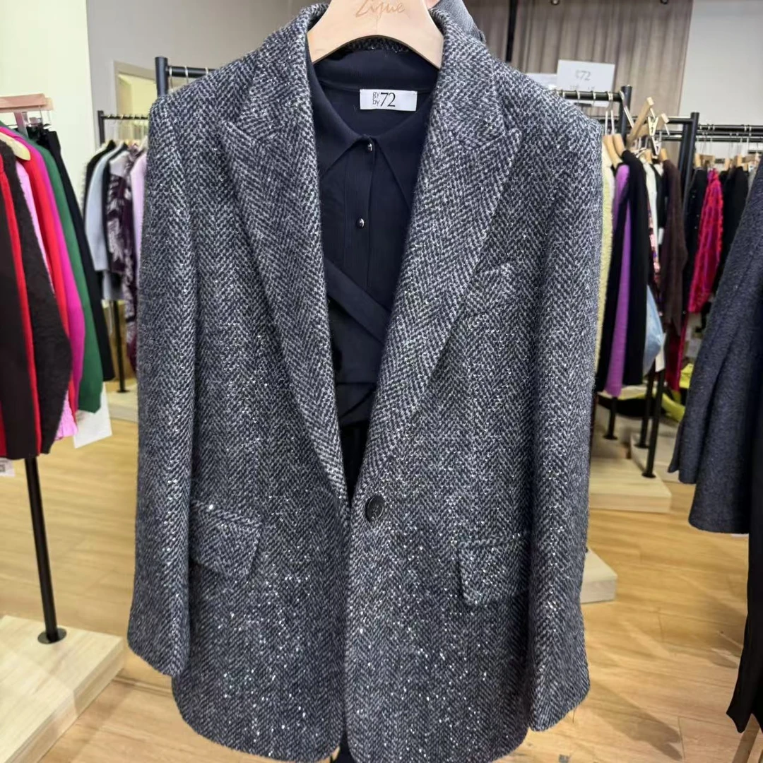 GINAYOLAN/瑾颜【重磅西装】意大利进口亮闪时尚毛呢气质格纹西装