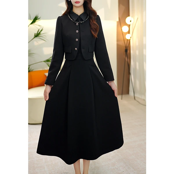 L5856 法式气质设计感高腰时尚修身显瘦奢华长袖连衣裙两件套女