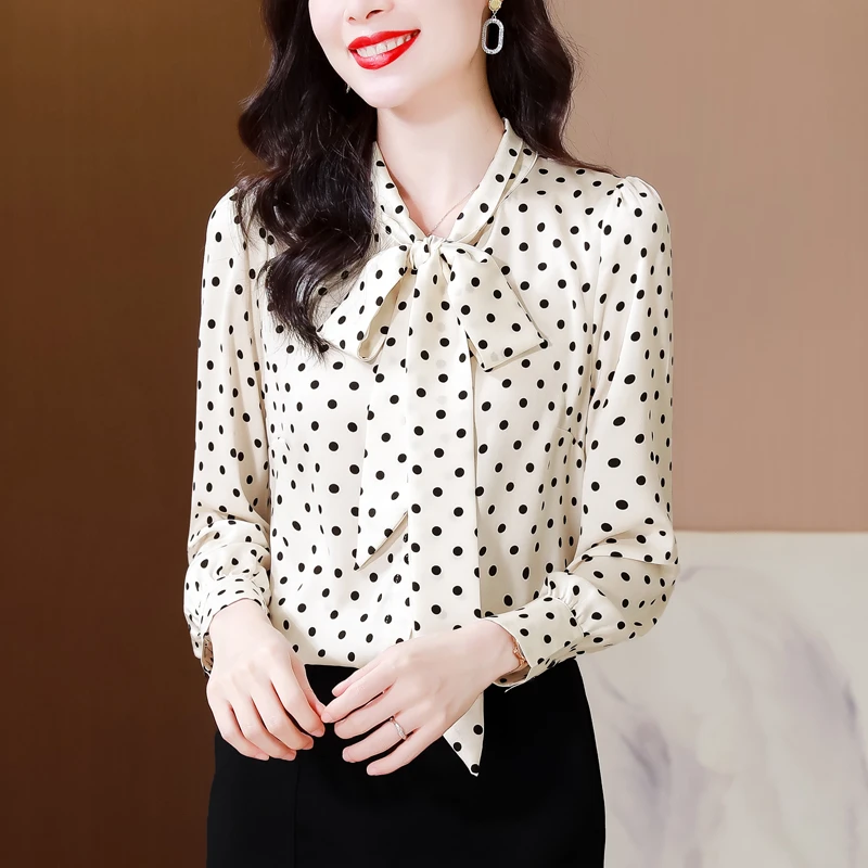 2025春装新款波点蝴蝶结V领长袖醋酸段女上衣衬衫洋气小衫显瘦潮