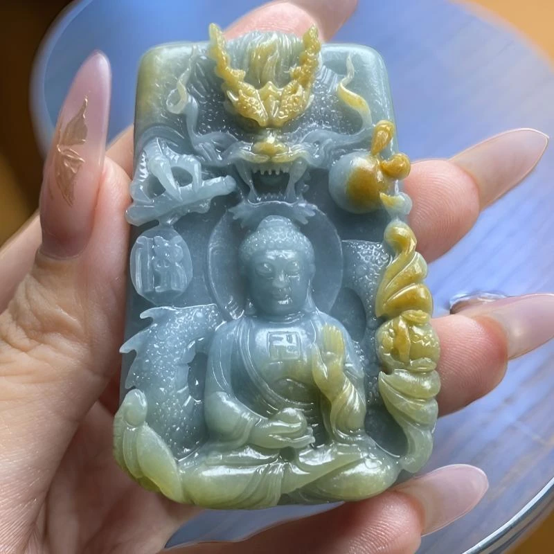 翡翠黄翡御龙阿咪陀佛 属狗猪守护 毛货买断 尺寸63*40*8.5mm