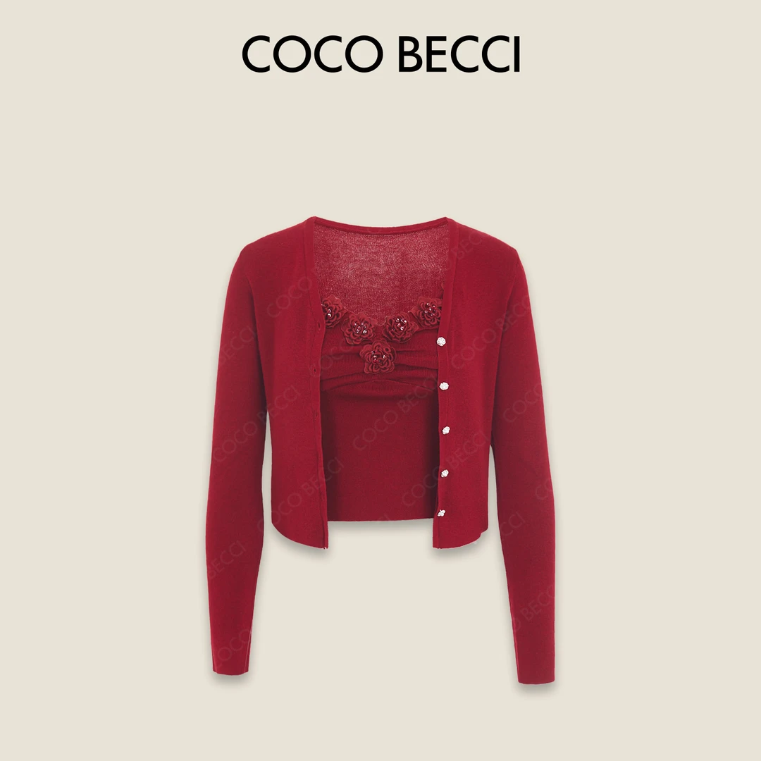 COCO BECCI【玫瑰夜宴】花朵镶钻方领套装开衫+吊带套装CFLJC231076