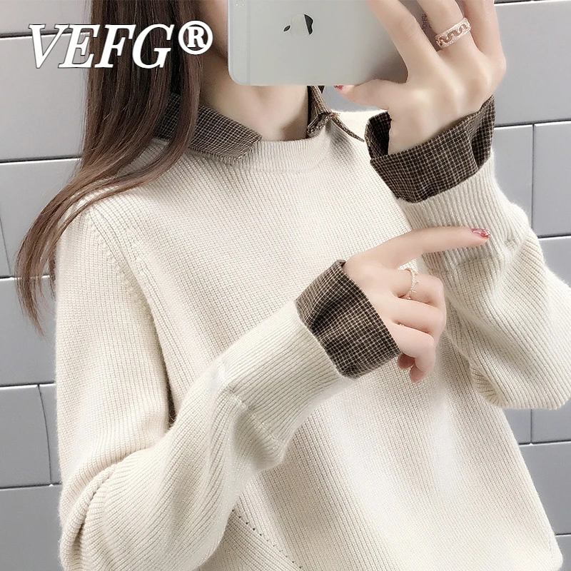 VEFG假两件针织衫女2025秋装套头韩版宽松百搭长袖衬衫毛衣打底衫