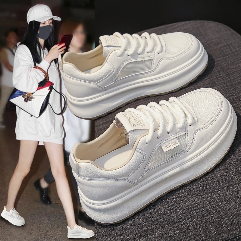 4.5cm欧若风小白鞋女2025新款夏季网面透气爆款ins增高学生女鞋子