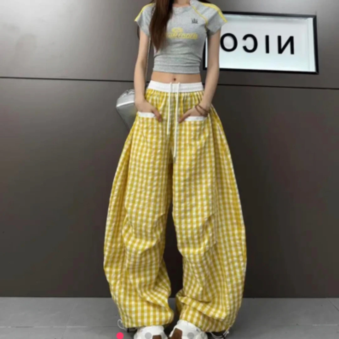 复古潮流格子弯刀直筒宽松显瘦女休闲裤