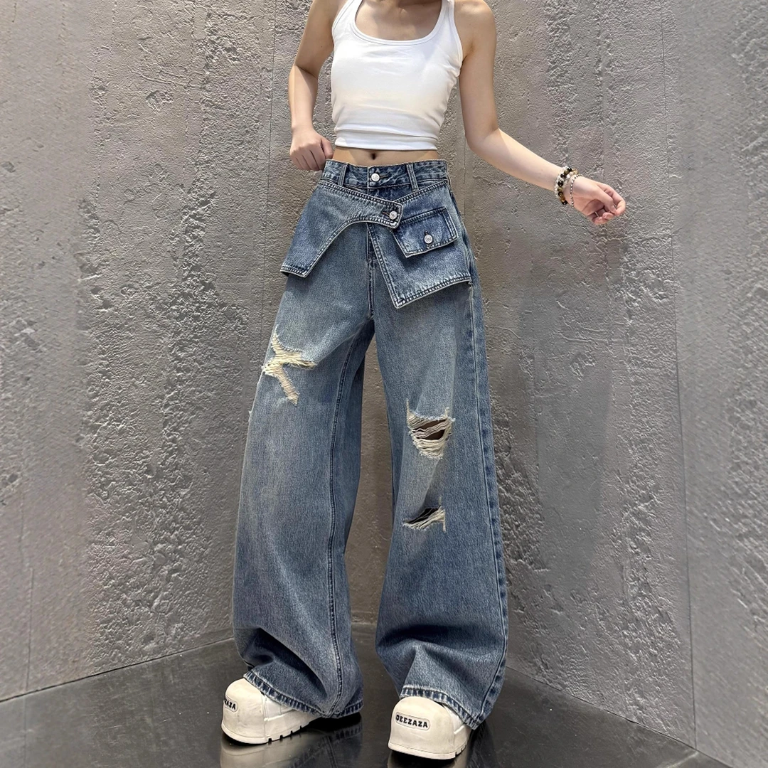 梨型高腰大码破洞阔腿牛仔裤女胖mm秋季新款百搭显瘦美式阔腿裤子