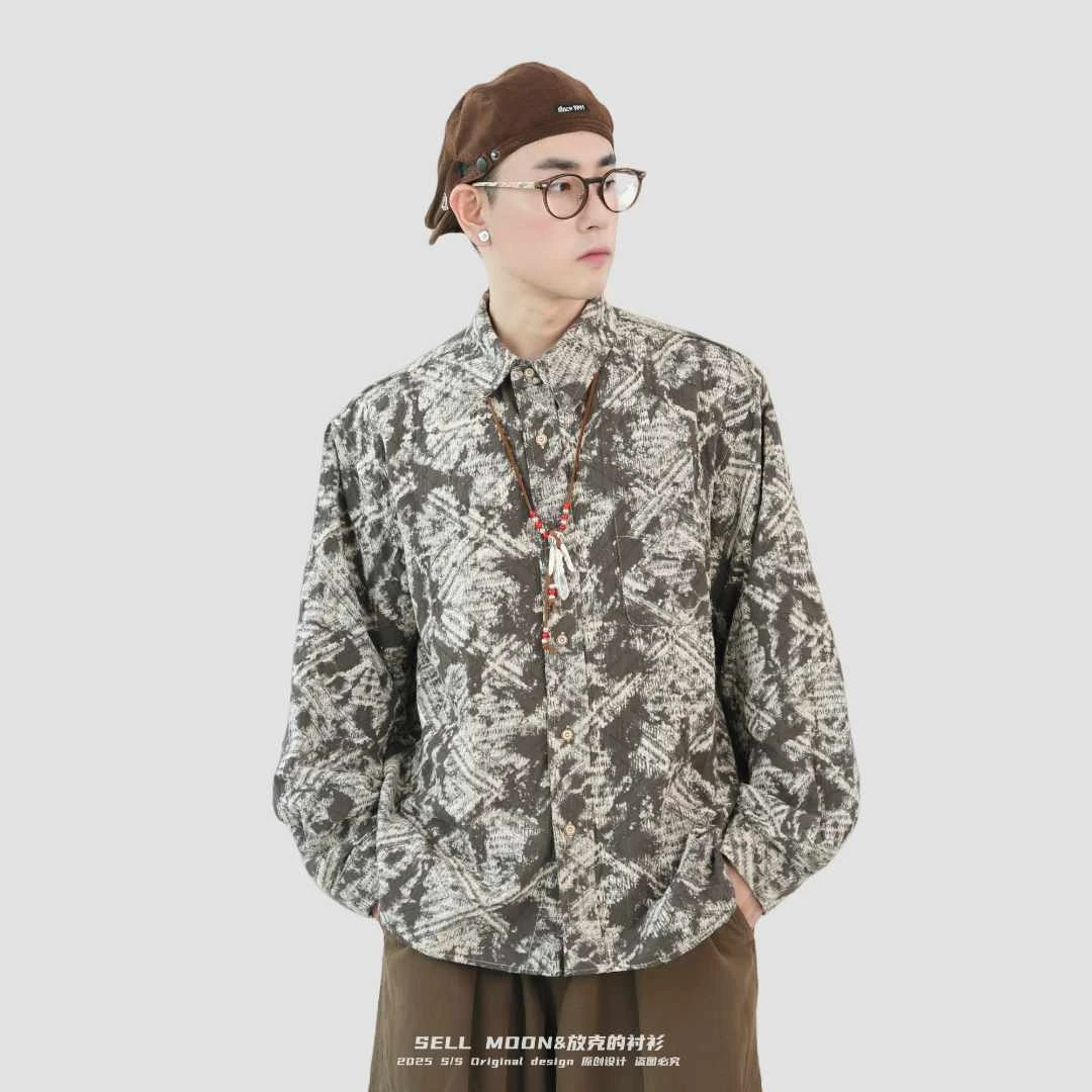 SELLMOON秋季新款小众设计复古宽松扎染衬衣衬衫男款长袖百搭衬衫