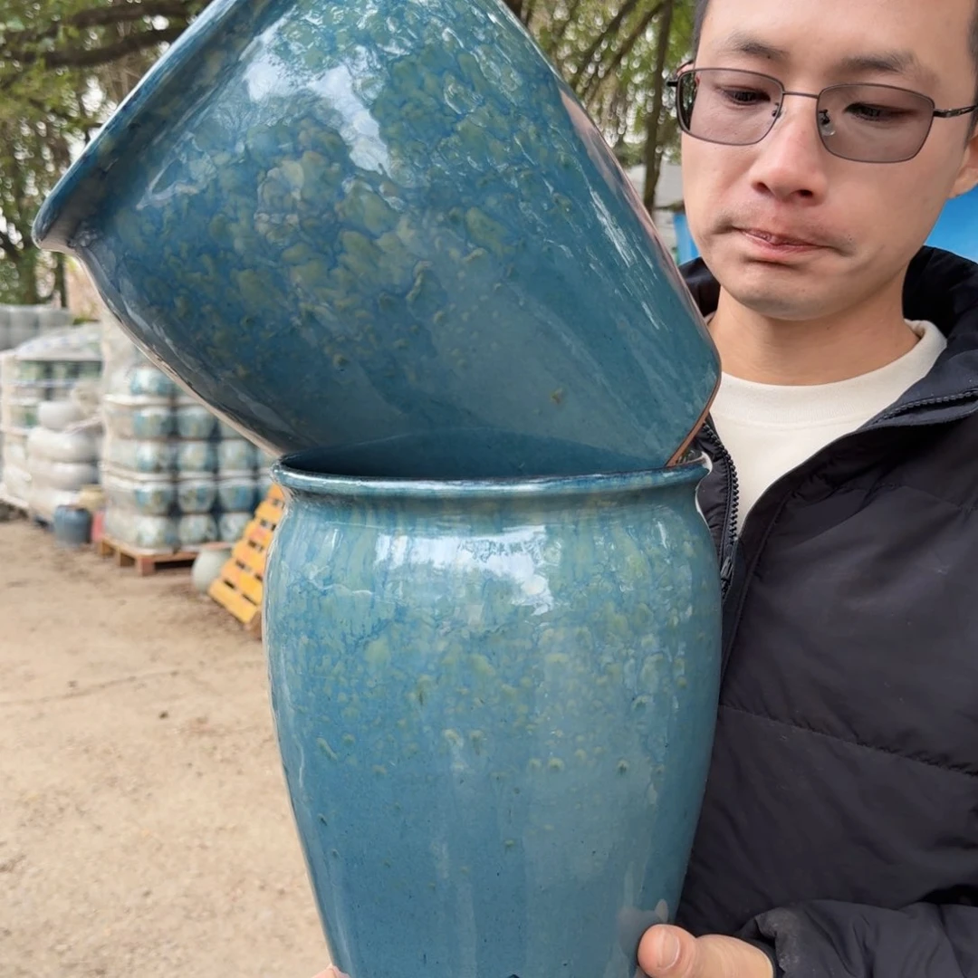 紫砂花盆口20高25（两个雪花蓝
