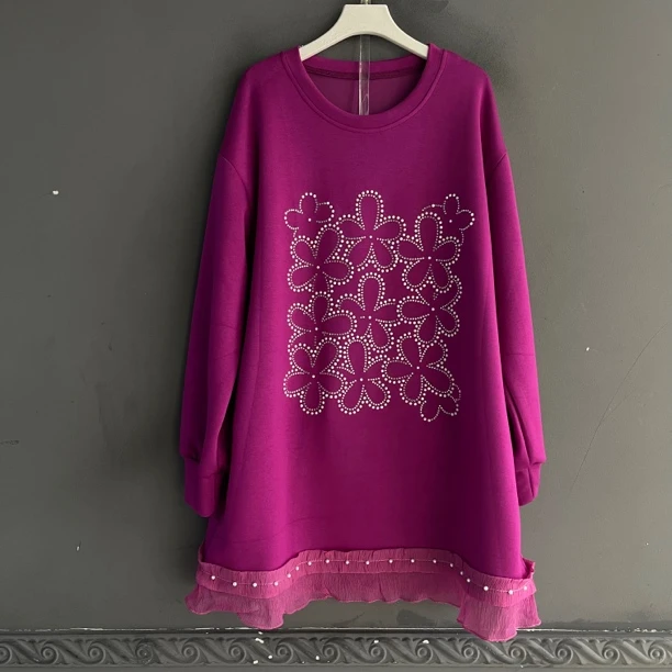 早秋高品重工烫钻设计时尚大方得体长袖大码连衣裙