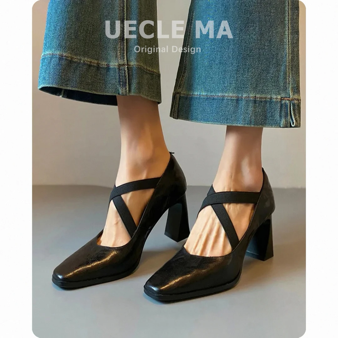 真软皮方头高跟鞋女气质高级不累脚法式单鞋粗跟绝美复古玛丽珍鞋