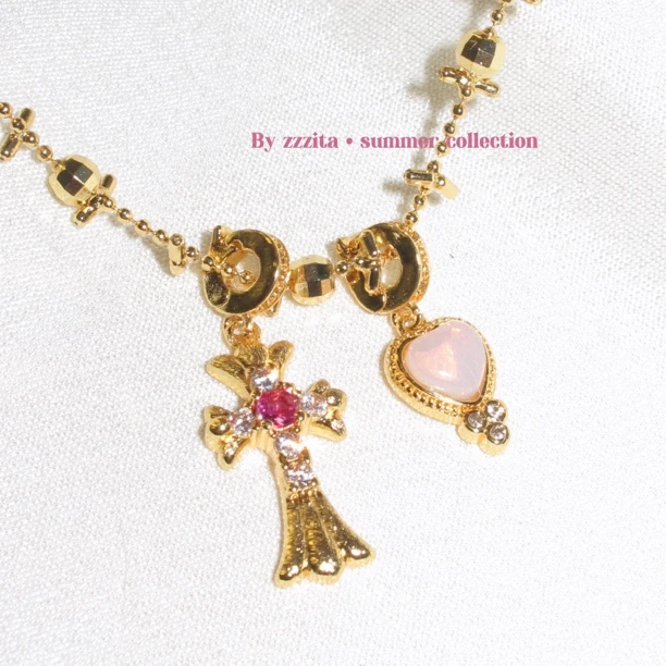 合金项链 Rebel DNA·叛逆基因～美式复古辣妹闪钻十字架爱心项链