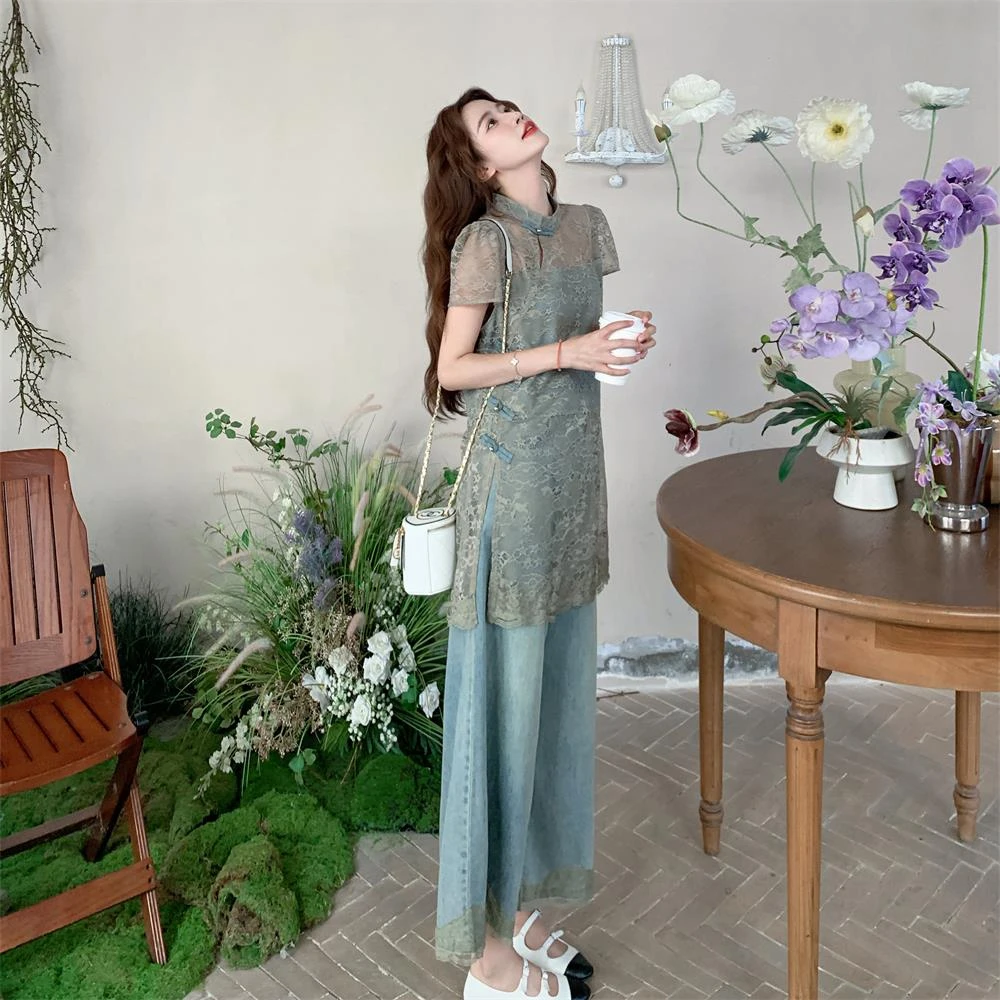 蕾丝新中式国风旗袍牛仔两件套女夏高级感流行超火大方得体两件套