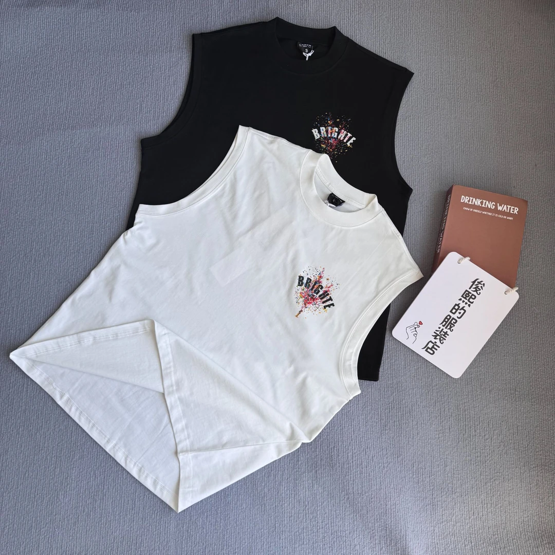 重磅纯棉透气运动风薄款免烫背心印花时尚无袖圆领男士潮流国潮