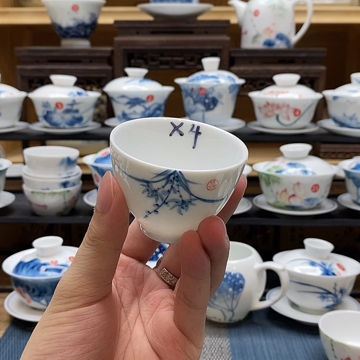 手绘兰花杯子4个装釉下彩微瑕福利