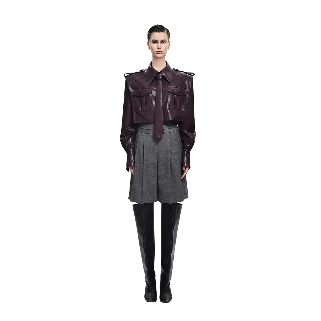 KUNSWEAR「创始人黑标系列」港风气质酒红短款领带皮外套 636004141