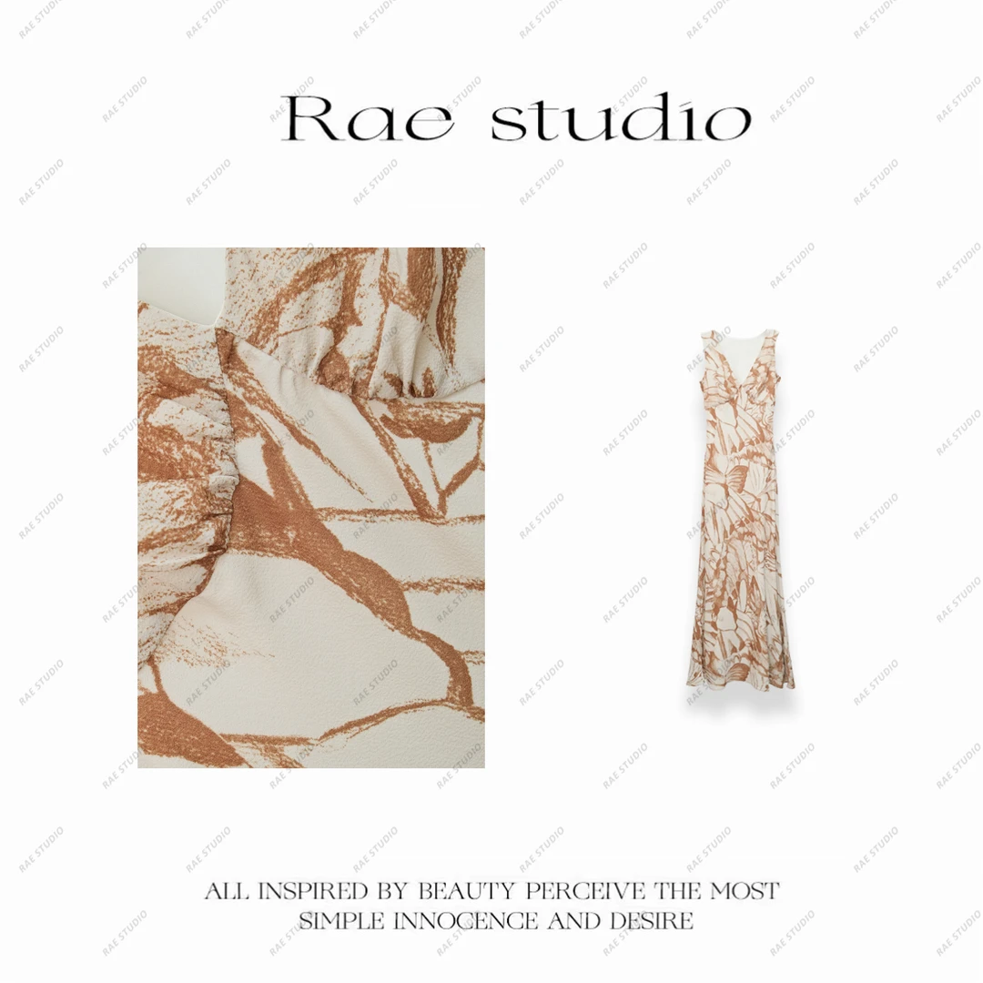 【Rae】夏季无袖印花收腰气质V领显瘦无袖长款连衣裙  r503