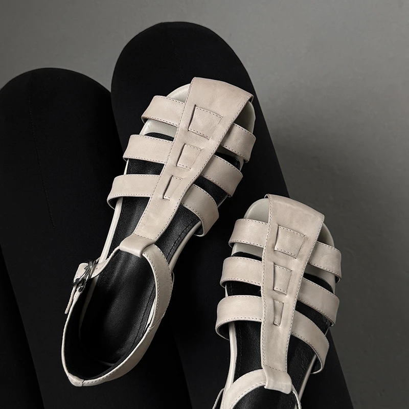 真皮小众复古编织凉鞋女款2025新款绝美不累脚小凉鞋坡跟罗马女鞋