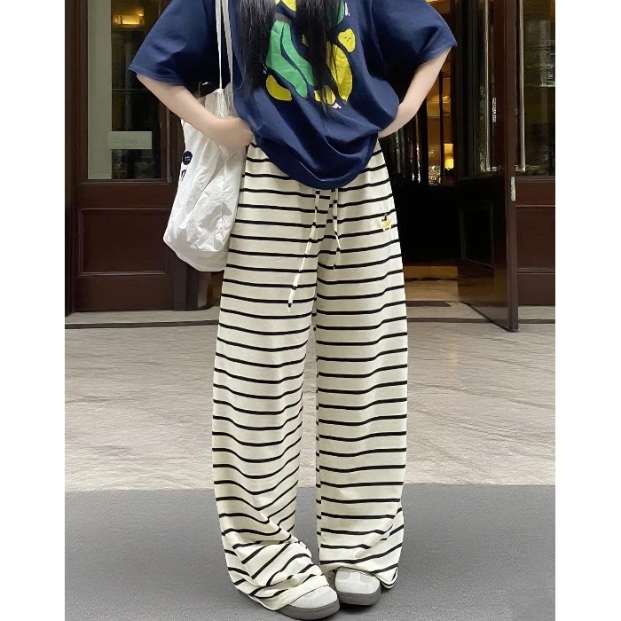 撞色条纹刺绣高腰休闲裤女夏季垂感宽松阔腿裤子显瘦直筒拖地长裤