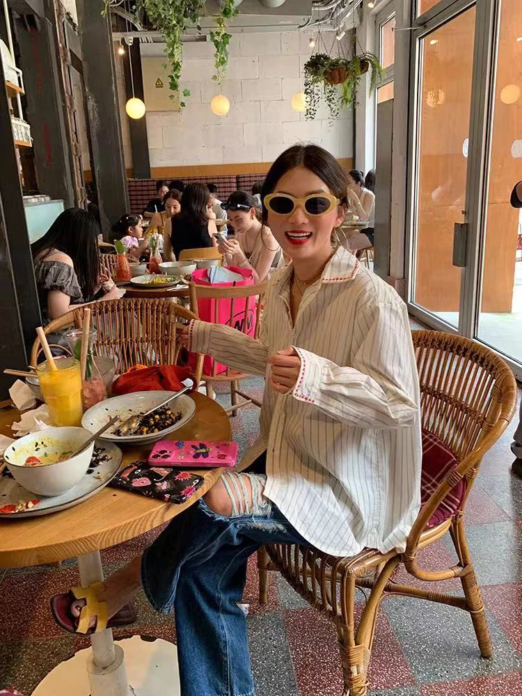 大码韩国女装夏季新款胖mm美式减龄可爱miki印花条纹翻领长袖衬衫