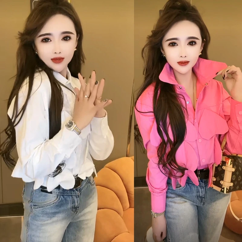 2025早秋新款长袖别致重工爱心女装上衣气质百搭纯色拼接女款衬衫